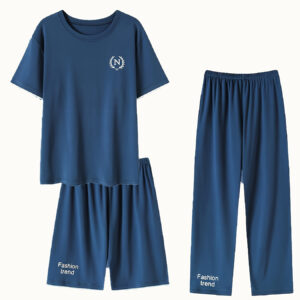 3pcs Men'S Pajama Set for Spring And Summer, Featuring a Casual Thin-Sleeve Crew Neck T-Shirt And Long Pants, Suitable for Home Wear in Solid Color.