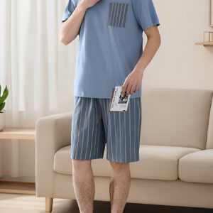 A Two-Piece Men'S Casual Sleepwear Set Featuring a Short-Sleeve Round-Neck Top with a Chest Pocket Paired with Loose Striped Pants, Perfect for Summer Outdoor Wear.