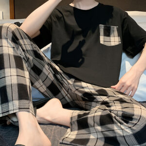 Men's 2 Pcs Elegant And Leisure Suit - Simple Plaid Pocket Short Sleeve & Plaid Trousers - Pajama Set For Daily Wearing