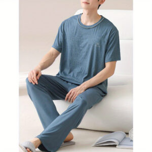 Summer Thin Breathable Men'S Pajamas Short-Sleeved Trousers Two-Piece Knitted Cotton Thin Leisure Suit Letter Printing Loose Wearable Home Sportswear