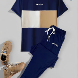 Men'S Casual Color-Blocked Short-Sleeve Round-Neck Loungewear Set with Long Pants
