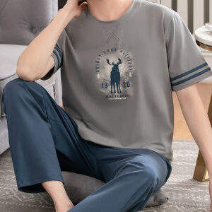 Summer Men's Pajamas Set, Cotton Short Sleeve and Long Legs, Lightweight Oversized Youth Loose Home Wear