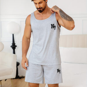Men's Letter Print Sleeveless Vest Solid Color Shorts Pajama Set
