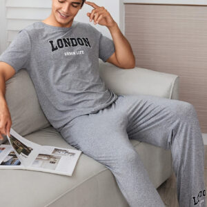 Men's Summer Pajama Set, Casual Thin Print Short Sleeve Round Neck T-shirt Pattern T-shirt and Trousers, Men's Casual Wear Set Sleep Set