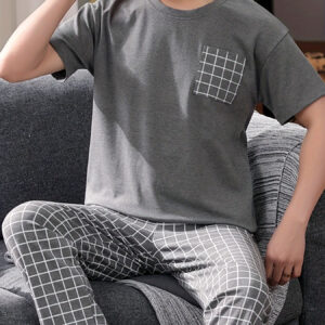 2 Pcs Men's Simple Plaid Pocket Round Neck Short Sleeve & Plaid Trousers Pajama Set, Comfortable & Skin-friendly Style Pajamas For Men's Cozy Loungewear