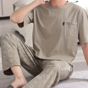 Men'S Summer Short Sleeve Pajama Set - Lightweight, Breathable, Casual Style with "W" Embroidery, Pockets, and Drawstring Waist, Perfect for Home or Outdoor Wear, Summer Pajamas|Casual Style|Lightweight Fabric