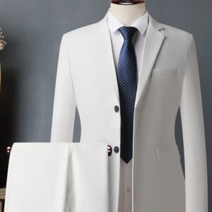 Men'S White High-End Business Suit - Wrinkle-Resistant, All-Season Office & Party Wear, Slim Fit with Double-Breasted Design, Long Sleeve, Viscose Fabric, Perfect for Formal Events, Formal Attire|Slim Fit Suit|Viscose Fabric