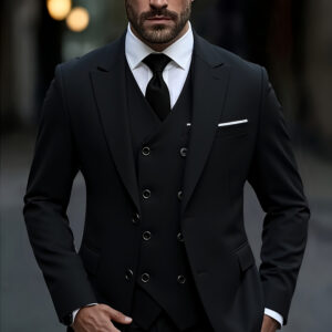 2024 Men'S Fashion New Leisure Boutique Business Solid Color Elastic Fabric Double Slit Slim Evening Dress Suit Coat Pants Vest Three Piece Set Groom'S Wedding Best for Man Dress Blazers Jacket Trousers Double Breasted Waistcoat 3pcs