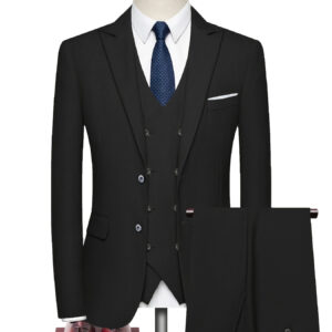 2024 Fashion New Men Casual Boutique Business Solid Color Slim Fit Elastic Fabric Double Slit Black Collar Groom Wedding Best for Man Dress Suit Pants Vest 3pcs Set Hosting Office Party Three Piece Blazers Jacket Coat Trousers Double Breasted Waistcoat