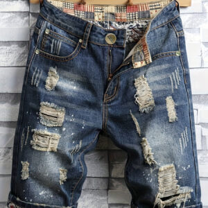Men's Distressed Royal Blue Straight-Leg Denim Shorts - Summer Casual Streetwear with Ripped Details, Non-Stretch Fabric & Vintage Style for Casual Attire, Jean Shorts