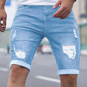 Men'S Skinny Faux Denim Shorts - Stretchy Slim Fit Non-Bulky Casual Pants with Pocket, Lightweight Everyday Shorts for Summer Outfits, Parties & Casual Attire - Classic Faux Denim Look, Faux Denim Shorts, Party Attire, Distressed Look, Comfortable Wear, Streetwear Style, Trendy Fashion, Breathable Material, Young Adults