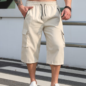 Men's Casual Cargo Shorts - Mid-Rise Elastic Drawstring Waist, Multiple Pockets, Lightweight Woven Fabric, Relaxed Fit for Summer Outdoor Activities (Solid Color), Loosefitting Pants, Nonstretch Material