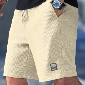 Men's Beige/Neutral Color Waffle Texture Shorts - Loose Fit Lounge Pants with Drawstring Waist & Side Pockets, Non-Stretch Polyester Casual Pants for Home, Outdoors, Casual Attire - Easy Care