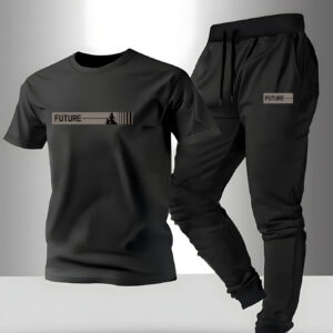 Men's Clothing Store Round Neck Short Sleeve Top and Drawstring Jogger Pants 2pcs Set Comfortable for Summer, Spring, and Autumn Running