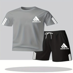 Men'S Breathable Quick-Dry Athletic Two-Piece Set - Black Short Sleeve T-Shirt & Joggers with White Stripes, Geometric Pattern, Regular Fit for Summer Outdoor Sports & Casual Wear, Workout Clothes, Quickdry Activewear, Sporty Casual Style, Comfortable Fit, Quickdry Material, Perfect for Outdoor, Sweat-Resistant, Quickdry Fabric, Sweat-Resistant, Perfect for Outdoor
