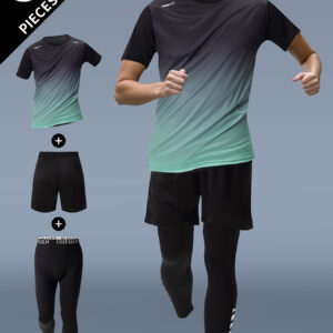 3pcs Men'S Fitness Set: Athletic Shorts, Short Sleeve Shirt & Running Jacket - Blue to Black Gradient, Stretchy Polyester Blend, Crew Neck, Summer Sportswear for Running and Training, Workout Apparel | Gradient Design | Knit Construction, Gym Clothe