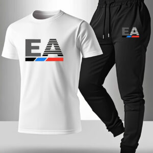 Men'S Spring And Summer Casual Sports Outdoor Two-Piece Set, Featuring a Stylish Short-Sleeve Round-Neck Print T-Shirt And Long Pants with Drawstring, Perfect for Outdoor Leisure, And Gatherings.