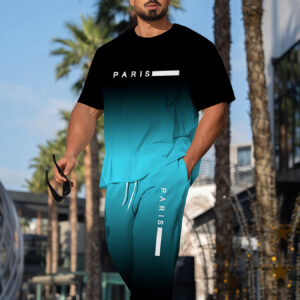 Blue Gradient Full-Body Print Digital Print Round Neck Pullover Short Sleeve T-Shirt + Casual Pants 2pcs Set, Letter Digital Print Casual Round Neck Pullover Long Pants Men'S and Women'S Couple Set