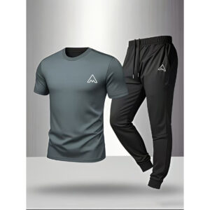 Men'S Casual Sports Suit, Short Sleeve Long Pants Two-Piece Set, Home Wear Set, Geometric Pattern, Regular Fit, Summer Style, Crew Neck, Slight Stretch Fabric, Casual Attire|Geometric Pattern Suit|Sleek Design