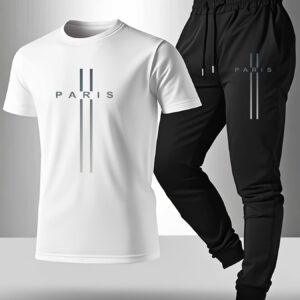 Men'S Short Sleeve T-Shirt and Pants Set, Spring/Autumn Paris Letter Print Round Neck Short Sleeve T-Shirt + Drawstring Outdoor Casual Sports Pants Set 2pcs, Perfect for Outdoor, Perfect for Outdoor, Casual, Spring, Summer, Fall, Spring, Summer, Fall