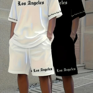 Two Sets of 2 Men'S Casual T-Shirt Short-Sleeved Shorts Suits, Los Angeles Word Letter Pattern, White + Black, Can Be Freely Matched, Short-Sleeved + Shorts Casual Sports Suit, Breathable And Soft, Summer Clothing, with Drawstring Shorts And Pockets, Casual And Comfortable Wear