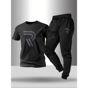 2pcs Men's Casual Set, Geometric Pattern Heat Transfer Print Short Sleeve T-Shirt and Drawstring Pocket Joggers, 180g 100% Polyester Knit Fabric, Suitable for Daily Outdoor Leisure Sports, Machine Washable