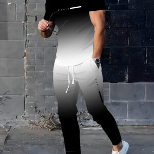 Men's Polyester Sportswear | Elegant Casual Round Neck | Slightly Stretchy Knit with 3D Print | Regular Fit 2pcs Set | Patterned Short Sleeve T-Shirt and Long Pants
