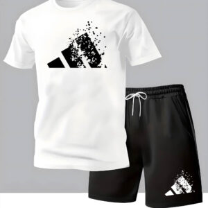 Men'S Summer Casual Fashion Print T-Shirt and Shorts Set - White Tee with Black Geometric Design, Black Drawstring Shorts, Lightweight, Breathable Fabric, Perfect for Outdoor Activities, Outdoor Casual Wear | Trendy Casual Attire | Comfortable Fit