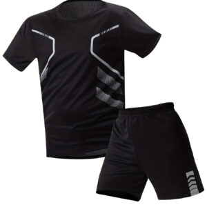 2pcs Men'S Summer Short Sleeve Suit - Casual Sporty Round Neck T-Shirt & Shorts Set, Breathable Polyester Blend, Regular Fit, White & Black with Orange Accents, Perfect for Outdoor Activities, Summer Casual Wear | Sporty Look | Comfortable Fit, Summer Shorts