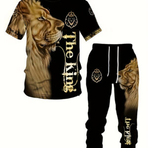 Men's Fashion 3D Lion Print 2-Piece Activewear Set, Short Sleeve T-Shirt And Long Pants, Summer Comfort Fit Sports Suit