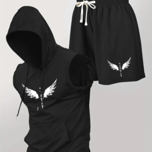 Men'S Casual Summer Tank Top & Shorts Set - Blue Hooded Tank Top with Angel Wings Print, Black Shorts with Kangaroo Pocket Design, Comfortable Knit Fabric, Loose Fit for Outdoor Activities, Outdoor Casual Wear | Relaxed Fit Shorts | Stretchy Fabric