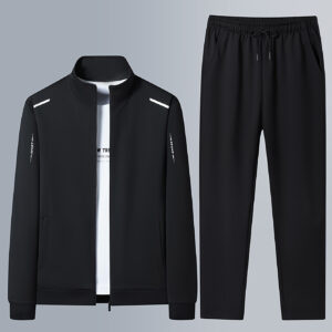 Men'S New Arrival Spring/Summer/Fall Athletic Gear - Stylish Stand Collar Zip-Up Sweatshirt & Joggers Set, Black with White Stripes, Pockets, Perfect for Casual & Outdoor Activities, Casual Activewear|Stylish Zipup|Comfortable Jogger