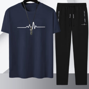 Simple Line Print Element Men's Summer Casual Two-Piece Set, Men's Fashion Casual Short-Sleeved Long-Pants Casual Suit