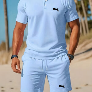 Men'S Summer Essential Two-Piece Outdoor Sports Apparel, Casual Comfortable Short Sleeve Shirt and Drawstring Pocket Elastic Waist Shorts Set
