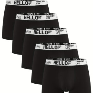 5pcs Men's Boxer Briefs with 'Hello Life' Motivational Print - High Stretch Quick-Dry Breathable Underwear for Daily Wear, Sports & Weddings - Solid Black, Event Underwear, Durable Elastic Waistband, Wedding Attire, Classic Fit, Soft Fabric, Multipack Undergarments, Gym Enthusiasts