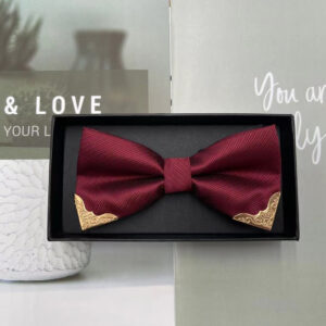 Premium British Style Men's Bow Tie - Solid Black with Golden Accents, Silk-Like Polyester for Formal Weddings, Proms & Galas - Elegant Gift Box Included