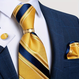 Men'S Classic Striped Tie Set with Handkerchief, Cufflinks & Ring - Navy Blue & Golden, Perfect for Business, Weddings & Formal Events, Wedding Attire|Elegant Tie Set|Durable Fabric