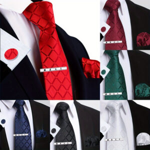 Four-piece Men's 8cm plaid tie square scarf cufflink and tie clip set high quality classic fashion wedding party business ties Christmas gift