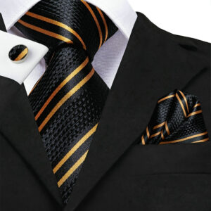 Mens Golden Striped Jacquard Tie Set With Hanky Cufflinks, Polyester Woven Necktie For Wedding Party