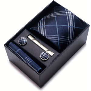 Plaid Ties Men Fashion Wedding Present Tie Pocket Squares Cufflink Set Necktie Gift Box Men Gray Suit Accessories Fit Group