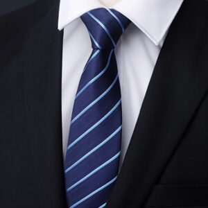 Elegant Men's Blue and White Striped Hand Tie - 7.98cm Polyester, Arrow Pattern, Ideal for Work, Weddings & Daily Wear