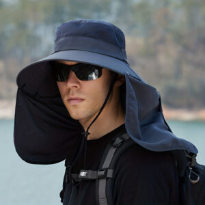 Men'S Wide-Brim Sun Hat with Neck Shade - Breathable Polyester Fishing Hat, Sporty Design for Outdoor Activities, Black with Adjustable Strap, Sun Protection Hat