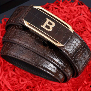 Men's Automatic Buckle Faux Leather Belt - Crocodile-Textured Brown with Golden-Tone 'B' Logo, Casual & Business Style, Standard Size, Stylish Accessory