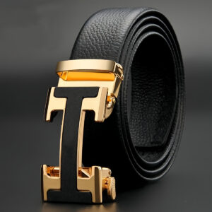 Men'S Stylish Black Faux Leather Belt with Golden-Tone "H" Buckle - Automatic Buckle, Adjustable Length, Perfect for Casual or Formal Wear, Casual Accessory | Bold Accessory | Durable Faux Leather, Faux Leather Belt