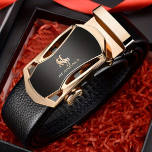 1pc Men's Fashionable PU Leather Belt, Simple And Retro Design, Golden Pattern, Brief Line Automatic Buckle, For Men Daily Life, Leisure Time Party Festival Work Business