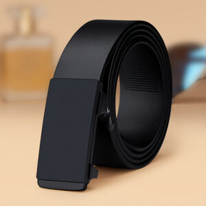 Men'S Classic Automatic Buckle Belt - Smooth Black Faux Leather Business Belt with Metallic Accents, Adjustable for Casual & Formal Wear, Perfect for Office or Everyday Use, Formal Accessory, Sleek Design, Durable Construction