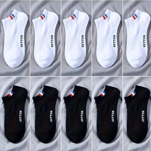 10 Pairs Men's Athletic Crew Socks - Breathable Moisture-Wicking Polyester-Spandex Blend, Elastic Ribbed Cuff with Letter Design, Black & White Color Options, Machine Washable for Sports & Casual Wear