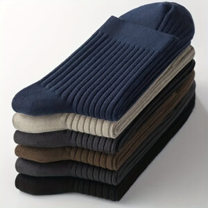 5pcs Men's Solid Color Crew Socks - Breathable, Sweat Absorbent, Ribbed Texture for All-Day Comfort, Perfect for Business & Sports, Navy Blue, Beige, Gray, Black, Brown, Business Casual Socks | Comfortable Fit | Sweat Absorbent Socks, Cute Socks