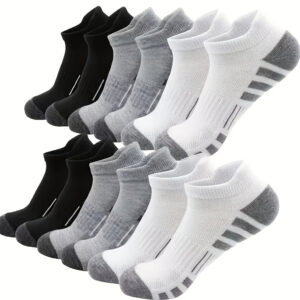 12 Pairs Men's Breathable Shock-Absorbing Ankle Socks with Arch Support - Moisture-Wicking Athletic Running Socks, Striped Design, All-Season Comfort, Multi-Color Pack (Black/White/Grey), Striped Cuff Design, Cushioned Heel And Toe, Sports Performance, Sporty Look, Durable Stitching, Fitness Lovers