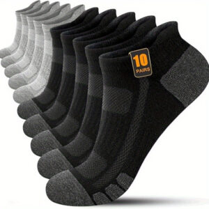 10 Pairs Men's Low-Cut Casual Socks - Breathable Cushioned Comfort, Elastic Ribbed Cuff, Solid Color (Black/Gray) for Casual Attire